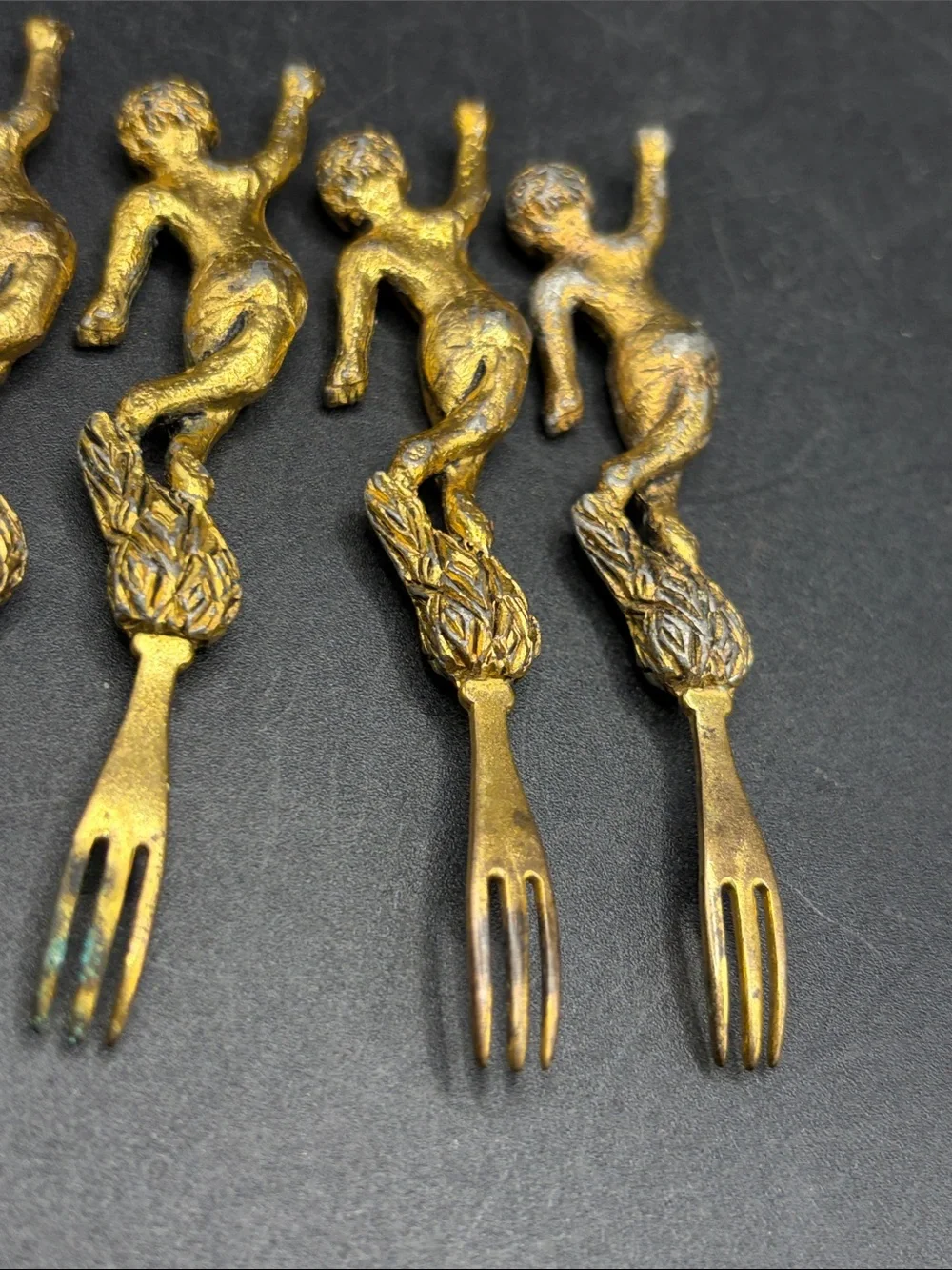 Vintage Cherub Cocktail Forks Mid Century Ornate Baroque Appetizer Utensils Set5
